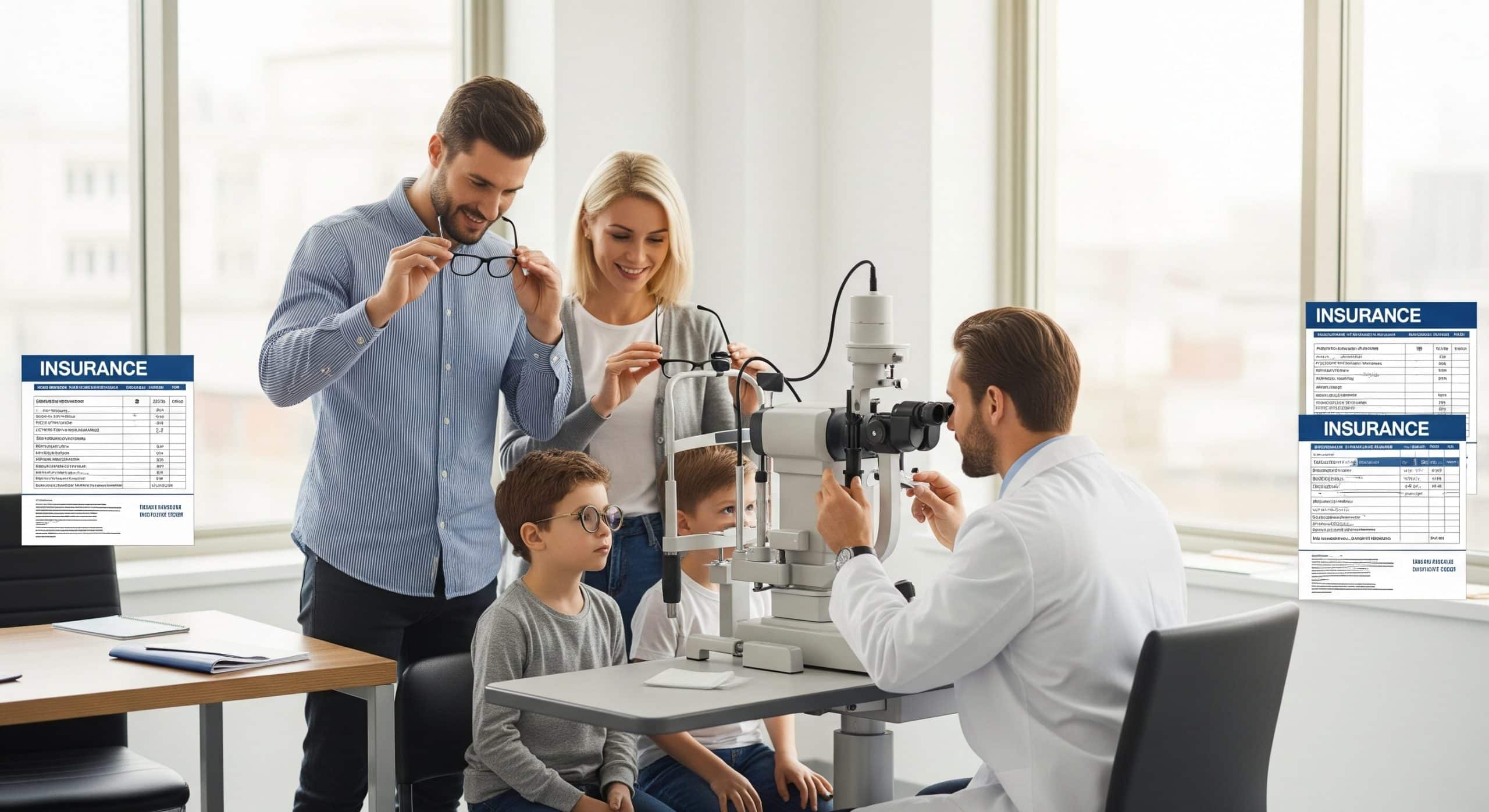 A family at the optometrist’s clinic reviewing vision insurance options during an eye exam.