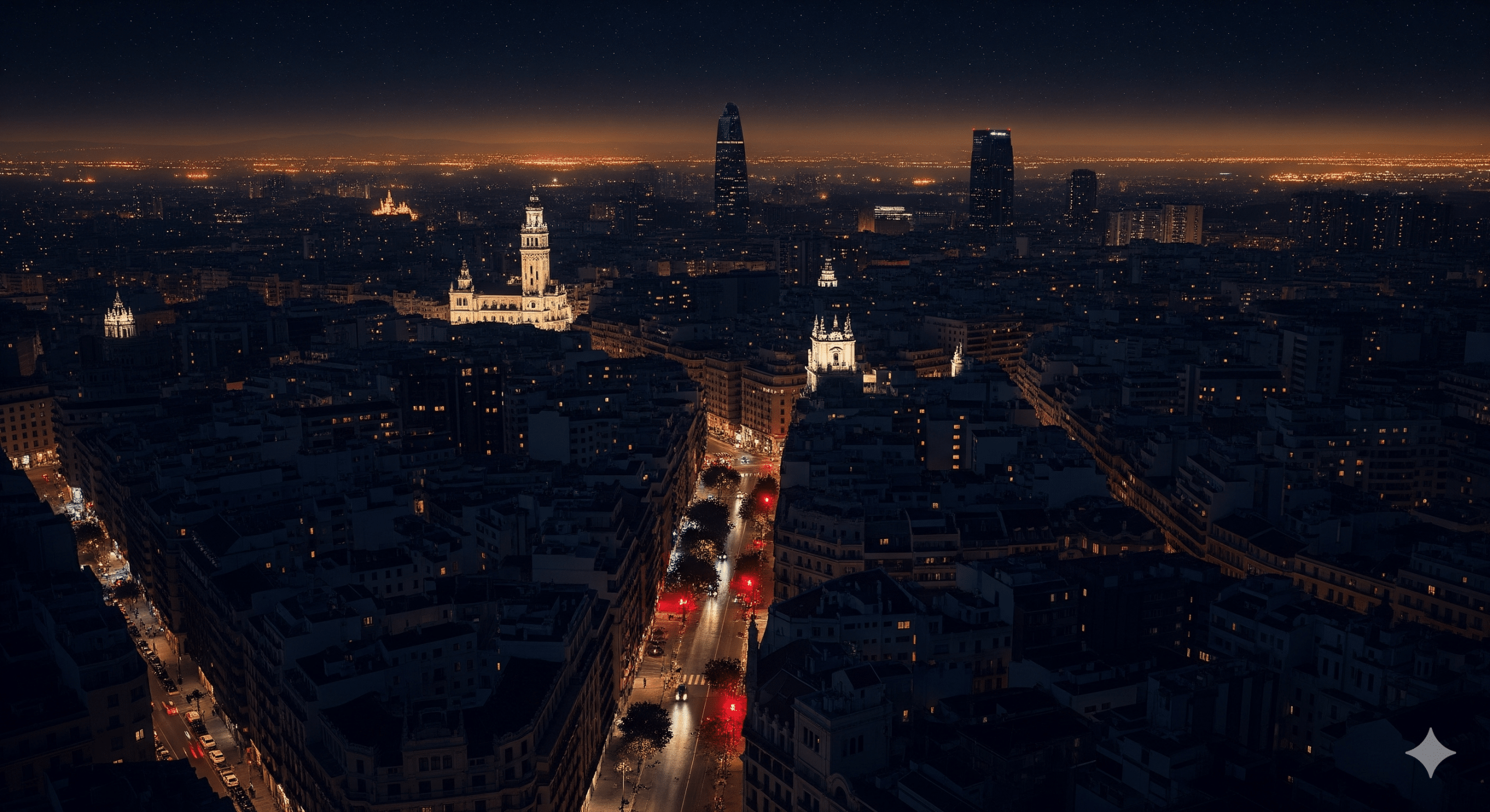 Aerial night view of Iberian city during blackout highlighting importance of NDBI insurance for business continuity