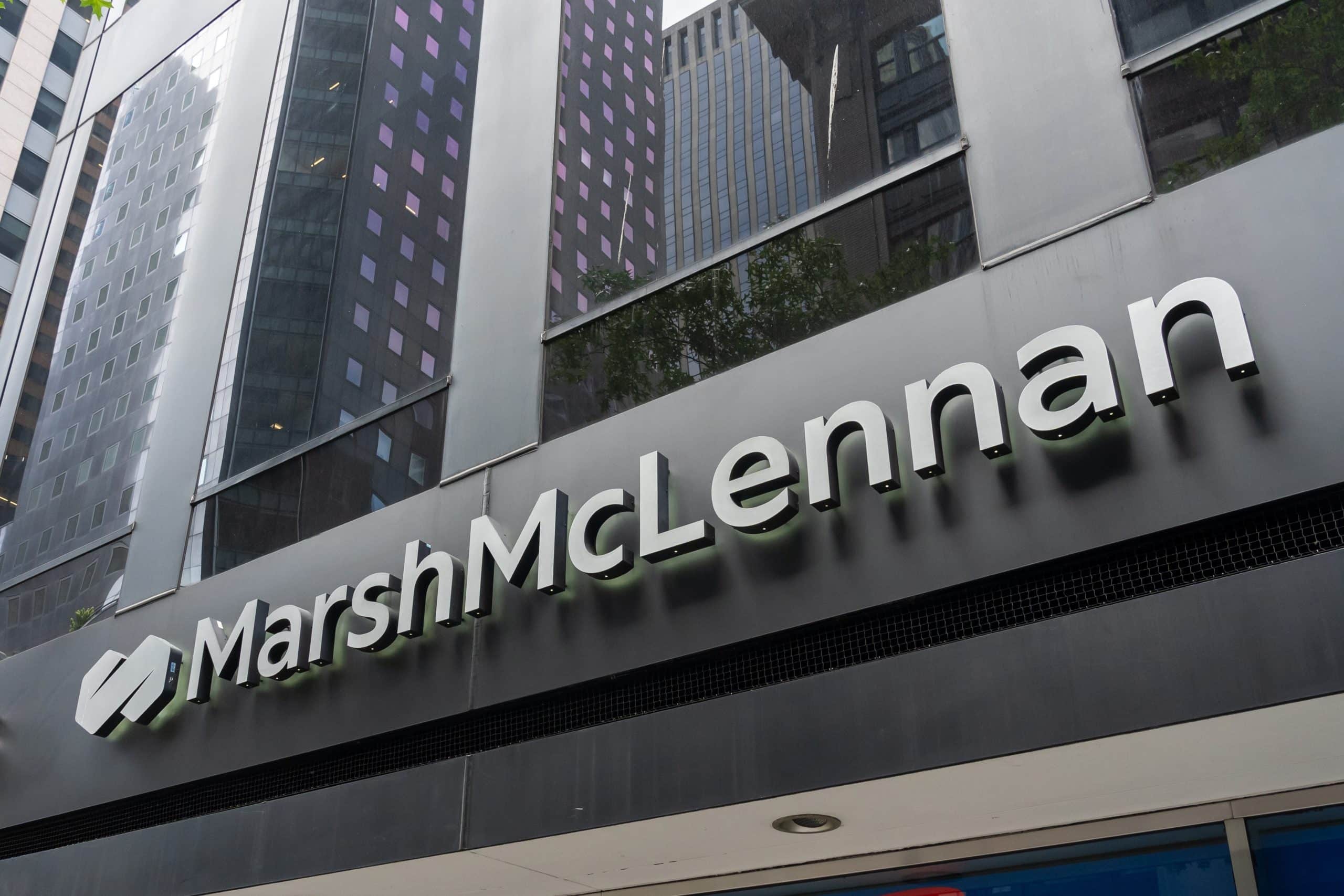 The Marsh McLennan logo on the exterior of its office building.